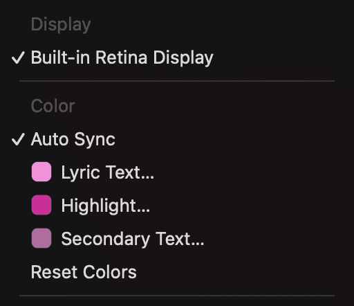 Verci's menu bar dropdown: a display picker, Auto Sync, and colour wells for lyric, highlight and secondary text.